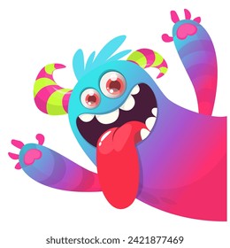 Cartoon scary monster with funny face expression waving hands . Vector illustration isolated on white. Halloween design