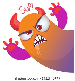 Cartoon scary monster with funny face expression waving hands . Vector illustration isolated on white. Halloween design