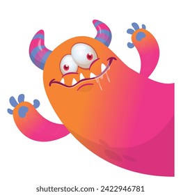 Cartoon scary monster with funny face expression waving hands . Vector illustration isolated on white. Halloween design