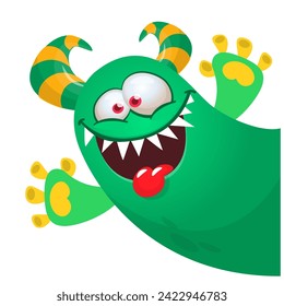 Cartoon scary monster with funny face expression waving hands . Vector illustration isolated on white. Halloween design