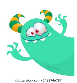 Cartoon scary monster with funny face expression waving hands . Vector illustration isolated on white. Halloween design
