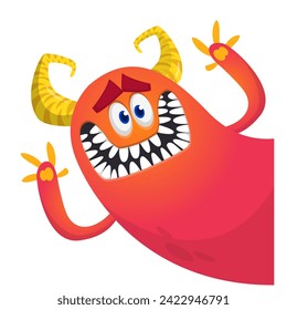 Cartoon scary monster with funny face expression waving hands . Vector illustration isolated on white. Halloween design