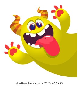 Cartoon scary monster with funny face expression waving hands . Vector illustration isolated on white. Halloween design