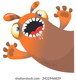 Cartoon scary monster with funny face expression waving hands . Vector illustration isolated on white. Halloween design