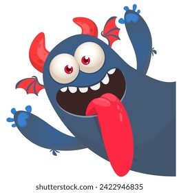 Cartoon scary monster with funny face expression waving hands . Vector illustration isolated on white. Halloween design