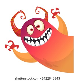 Cartoon scary monster with funny face expression waving hands . Vector illustration isolated on white. Halloween design