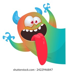 Cartoon scary monster with funny face expression waving hands . Vector illustration isolated on white. Halloween design