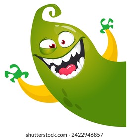 Cartoon scary monster with funny face expression waving hands . Vector illustration isolated on white. Halloween design