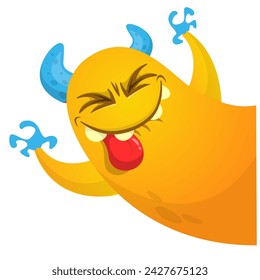 Cartoon scary monster with funny face expression waving hands . Vector illustration isolated on white. Halloween design