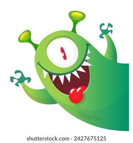 Cartoon scary monster with funny face expression waving hands . Vector illustration isolated on white. Halloween design