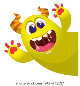 Cartoon scary monster with funny face expression waving hands . Vector illustration isolated on white. Halloween design