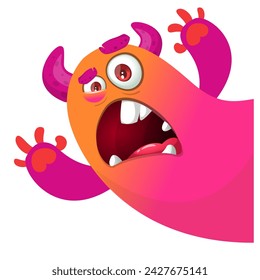 Cartoon scary monster with funny face expression waving hands . Vector illustration isolated on white. Halloween design