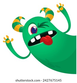 Cartoon scary monster with funny face expression waving hands . Vector illustration isolated on white. Halloween design