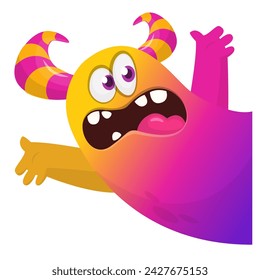 Cartoon scary monster with funny face expression waving hands . Vector illustration isolated on white. Halloween design