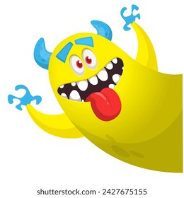 Cartoon scary monster with funny face expression waving hands . Vector illustration isolated on white. Halloween design
