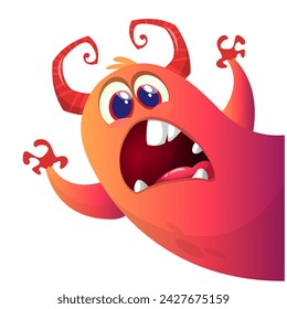Cartoon scary monster with funny face expression waving hands . Vector illustration isolated on white. Halloween design