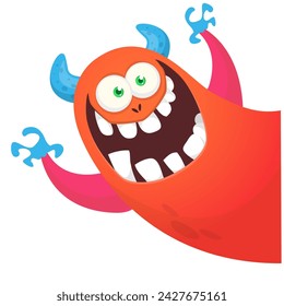 Cartoon scary monster with funny face expression waving hands . Vector illustration isolated on white. Halloween design