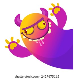 Cartoon scary monster with funny face expression waving hands . Vector illustration isolated on white. Halloween design