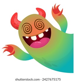 Cartoon scary monster with funny face expression waving hands . Vector illustration isolated on white. Halloween design