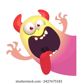 Cartoon scary monster with funny face expression waving hands . Vector illustration isolated on white. Halloween design