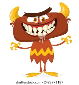 Cartoon scary monster with funny face expression waving hands . Vector illustration isolated on white. Halloween design.
