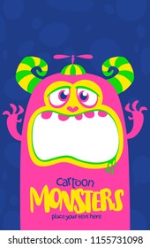 Cartoon scary monster. Vector Halloween pink cool monster. Big set of monster faces. Package design