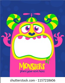 Cartoon scary monster. Vector Halloween pink cool monster. Big set of monster faces. Package design