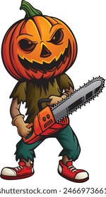 Cartoon scary pumpkin holding chainsaw