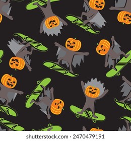 Cartoon scary Pumpkin skateboarding. Seamless pattern. Halloween vector illustration.