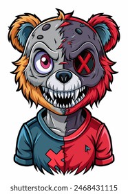 Cartoon of a scary teddy bear in blue and red shirt