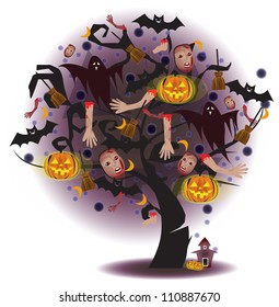 Cartoon scary Tree of horror with pumpkin, ghost, and limbs for Halloween festival or use with any other horror stuff. Create by vector