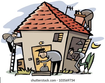 Cartoon scene of 4 thieves break into house