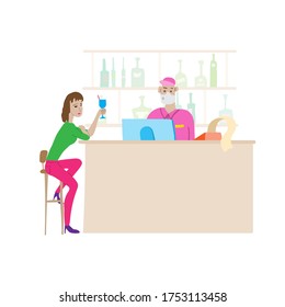 Cartoon scene at the bar. Young woman drinks cocktail, barista in face mask behind the bar.