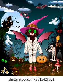 Escena de dibujos animados con un gato negro en un paseo en la noche de Halloween. Sobre el fondo de un bosque negro y una luna grande. Hay calabazas y murciélagos vampiros aterradores por todas partes.