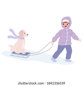 Cartoon scene of boy, dog and sleigh. Vector illustration for postcards and other prints.