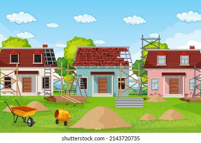 Cartoon scene of building construction site illustration