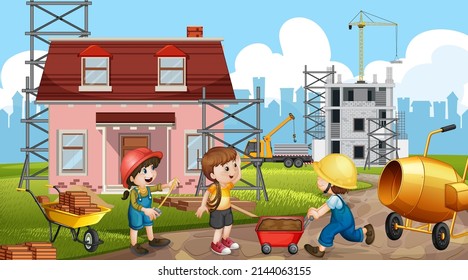 Cartoon scene of building construction site illustration