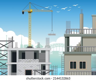 Cartoon scene of building construction site illustration