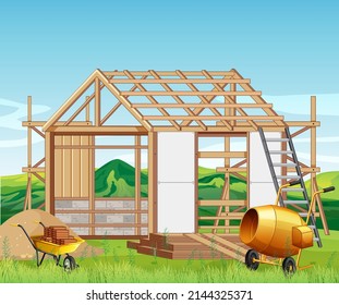 Cartoon scene of building construction site illustration