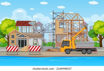 Cartoon scene of building construction site illustration