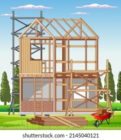 Cartoon scene of building construction site illustration