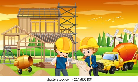Cartoon scene of building construction site illustration