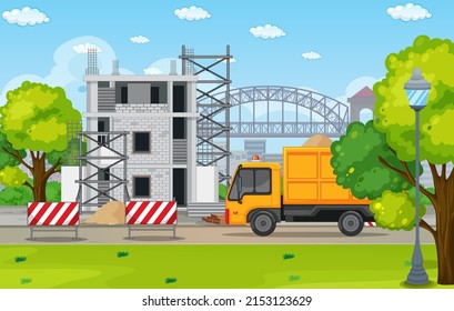 Cartoon scene of building construction site illustration