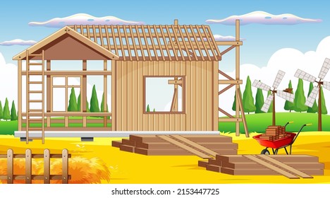 Cartoon scene of building construction site illustration