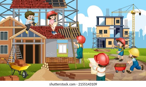 Cartoon scene of building construction site illustration