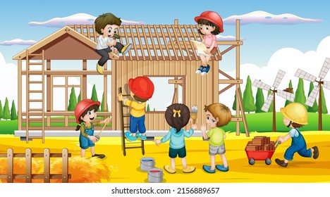 Cartoon scene of building construction site illustration