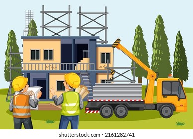 Cartoon scene of building house construction site  illustration