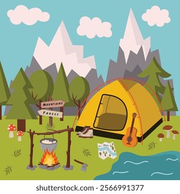 Cartoon scene of camping stop with tent and campfire in flat style isolated on white background.