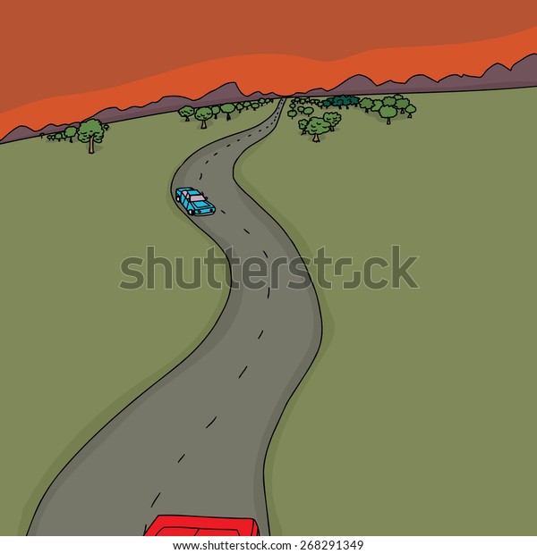 Cartoon scene of cars on\
road at sunset