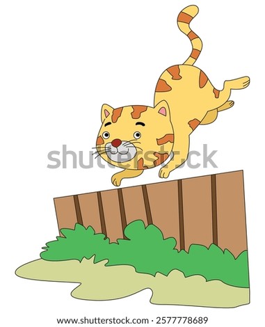 cartoon scene with a cat jumping over wooden fence